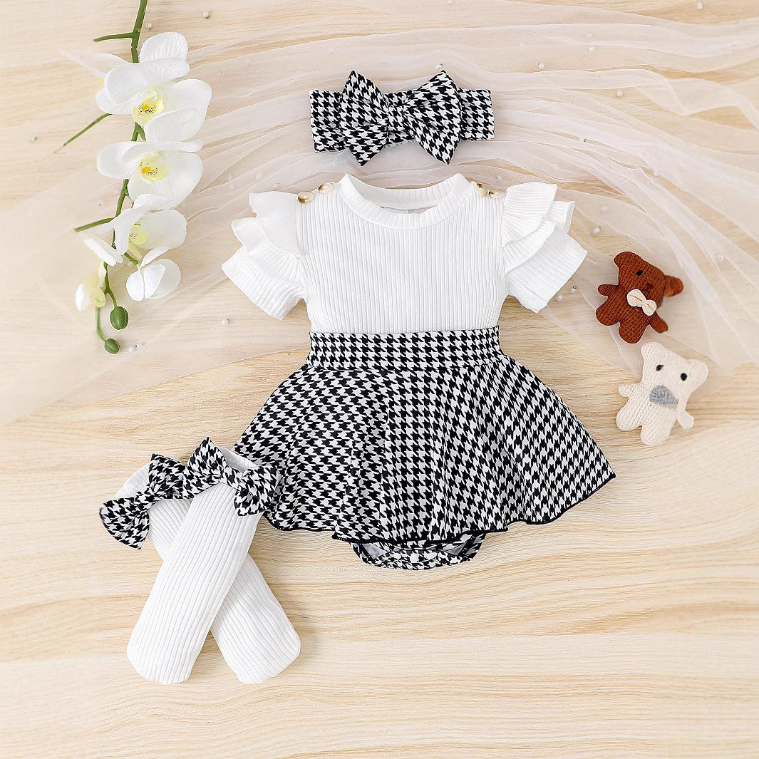 ベビードレス三点セット(夏・半袖・隠しボタン)|Baby Three-Piece Dress Set (Summer, Short Sleeve, Hidden Button)