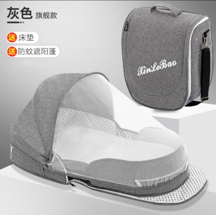 ベビー折りたたみポータブルベッド(蚊帳・マット・おむつ替えパッド付き) | Portable Foldable Baby Bed (Mosquito Net, Mat & Diaper Pad)