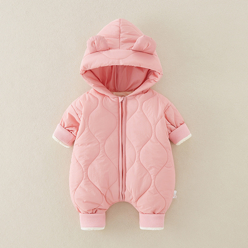 ベビー中綿ロンパース フード付き冬用カバーオール | Quilted Baby Winter Romper with Hood