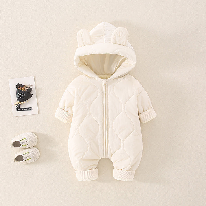 ベビー中綿ロンパース フード付き冬用カバーオール | Quilted Baby Winter Romper with Hood
