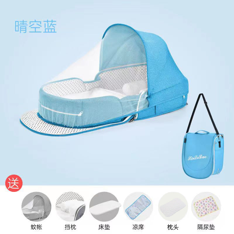 ベビー折りたたみポータブルベッド(蚊帳・マット・おむつ替えパッド付き) | Portable Foldable Baby Bed (Mosquito Net, Mat & Diaper Pad)