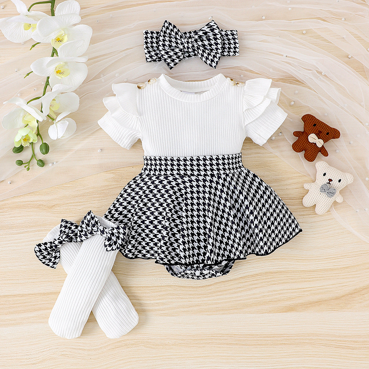 ベビードレス三点セット(夏・半袖・隠しボタン)|Baby Three-Piece Dress Set (Summer, Short Sleeve, Hidden Button)