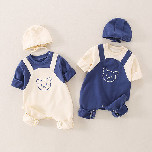 ベビー長袖ロンパース 帽子付き(春秋・綿100%・着脱フード) | Baby Long-Sleeve Romper with Hat (Spring/Autumn, 100% Cotton, Detachable Hood)