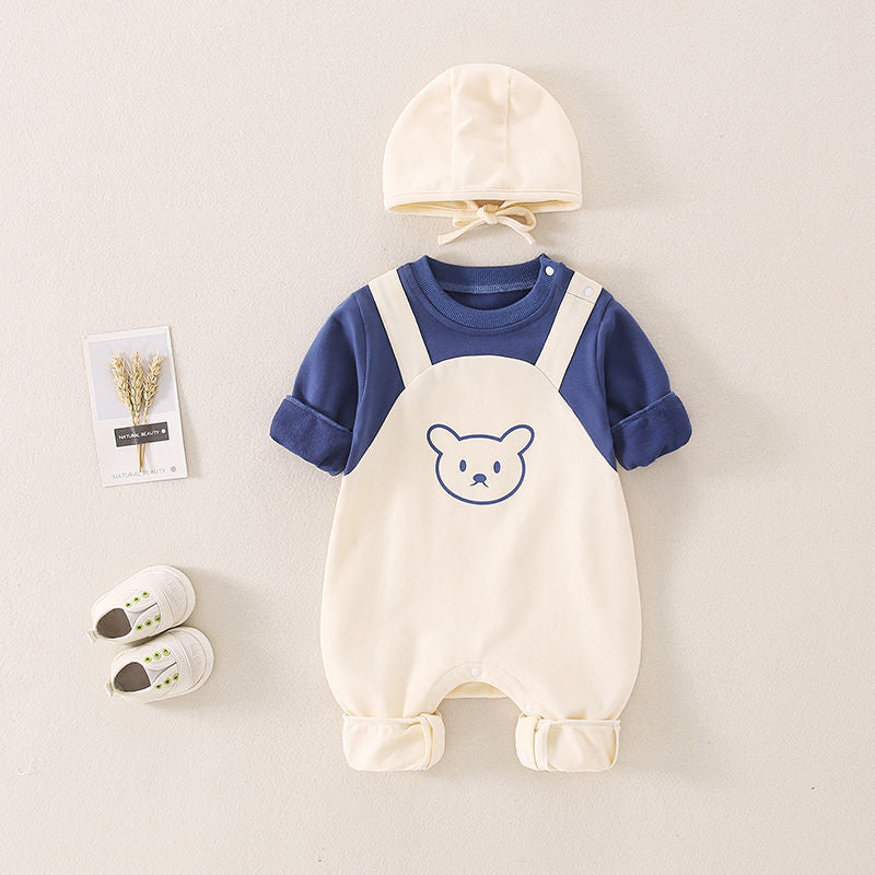 ベビー長袖ロンパース 帽子付き(春秋・綿100%・着脱フード) | Baby Long-Sleeve Romper with Hat (Spring/Autumn, 100% Cotton, Detachable Hood)
