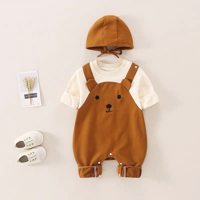 ベビー長袖ロンパース 帽子付き(春秋・綿100%・着脱フード) | Baby Long-Sleeve Romper with Hat (Spring/Autumn, 100% Cotton, Detachable Hood)