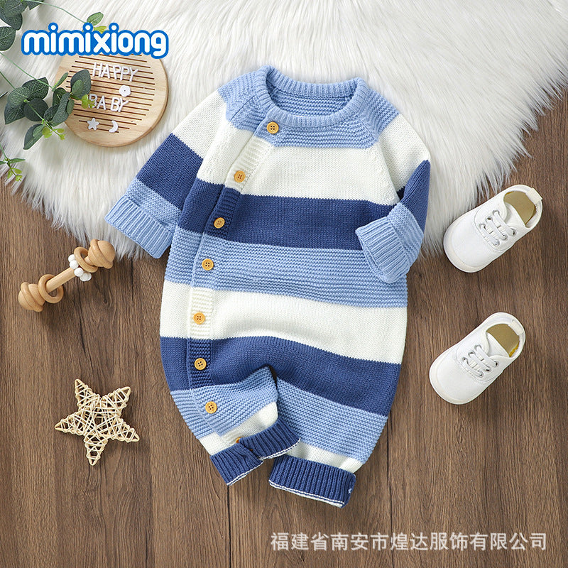 秋冬ベビーニットジャンプスーツ(ボーダー・前ボタン)|Autumn & Winter Knitted Baby Jumpsuit (Striped, Single-Breasted)