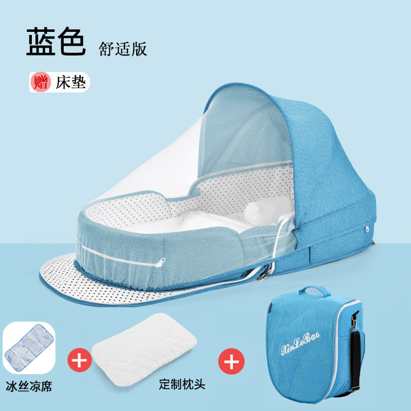 ベビー折りたたみポータブルベッド(蚊帳・マット・おむつ替えパッド付き) | Portable Foldable Baby Bed (Mosquito Net, Mat & Diaper Pad)