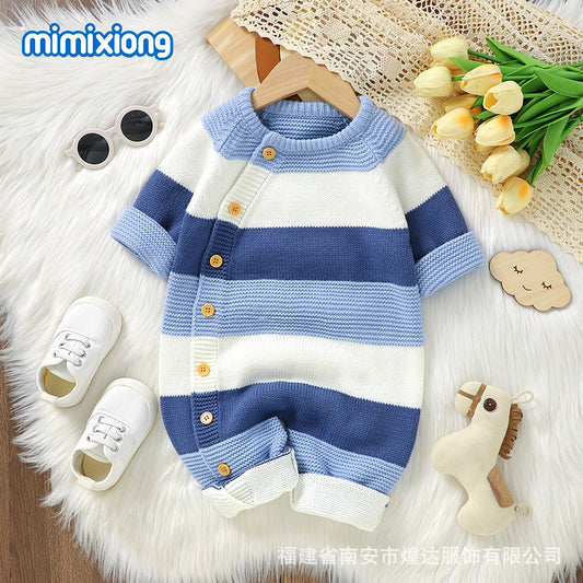 秋冬ベビーニットジャンプスーツ(ボーダー・前ボタン)|Autumn & Winter Knitted Baby Jumpsuit (Striped, Single-Breasted)