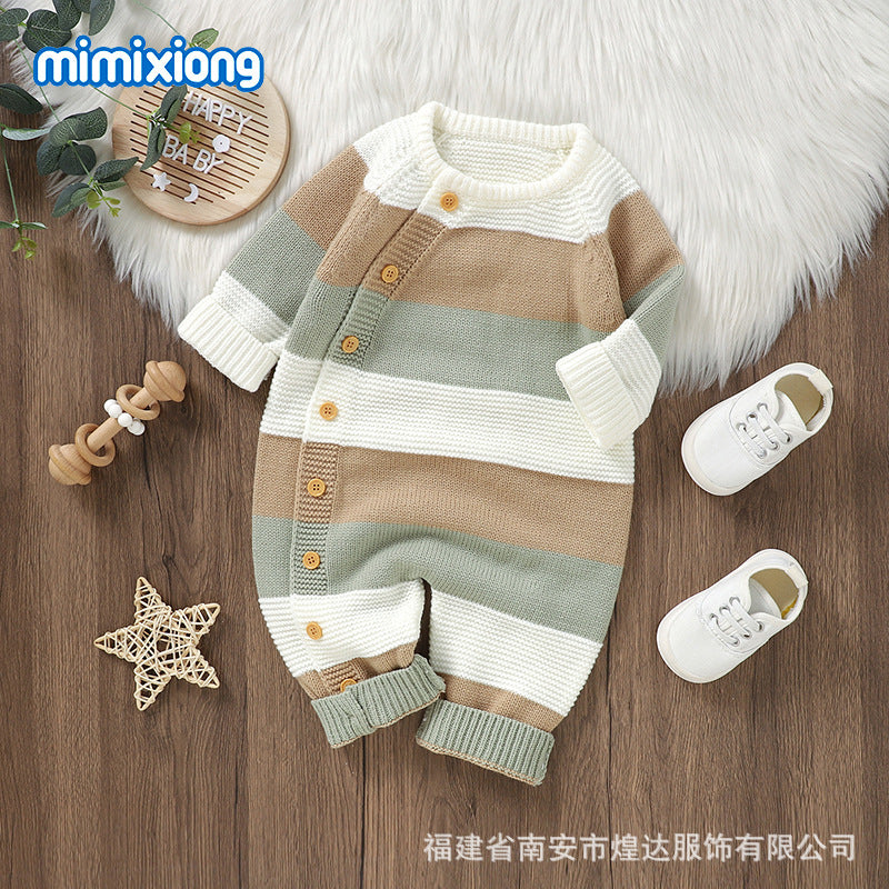 秋冬ベビーニットジャンプスーツ(ボーダー・前ボタン)|Autumn & Winter Knitted Baby Jumpsuit (Striped, Single-Breasted)