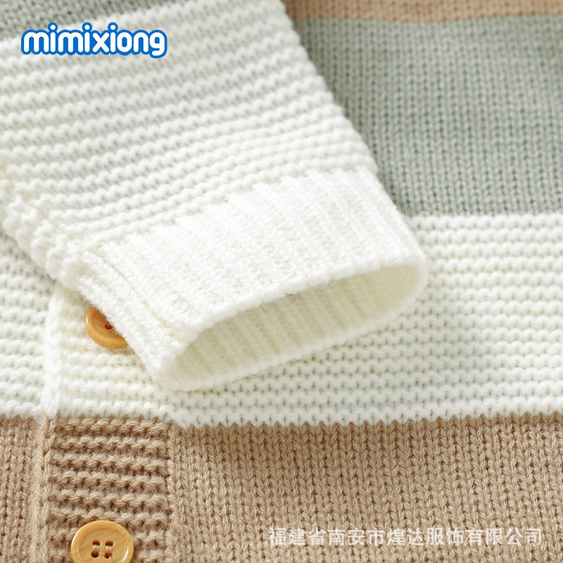 秋冬ベビーニットジャンプスーツ(ボーダー・前ボタン)|Autumn & Winter Knitted Baby Jumpsuit (Striped, Single-Breasted)