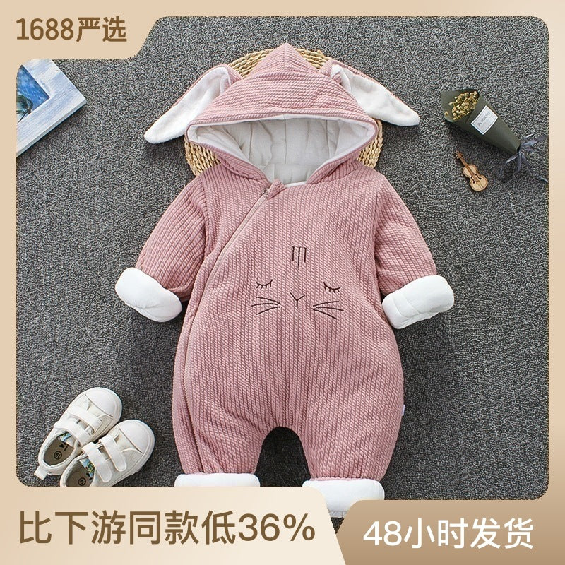 ベビー冬用うさ耳ロンパース(厚手・長袖・フード付き) | Baby Winter Bunny-Ear Jumpsuit (Thick, Long Sleeve, Hooded)