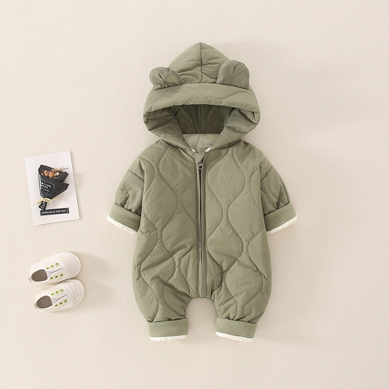 ベビー中綿ロンパース フード付き冬用カバーオール | Quilted Baby Winter Romper with Hood