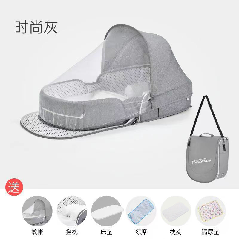ベビー折りたたみポータブルベッド(蚊帳・マット・おむつ替えパッド付き) | Portable Foldable Baby Bed (Mosquito Net, Mat & Diaper Pad)