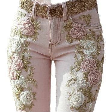 レトロピンクローズ 刺繍アートデニムパンツ エレガントスタイル レディース | Women's Retro Pink Rose Embroidered Artistic Jeans Elegant Style