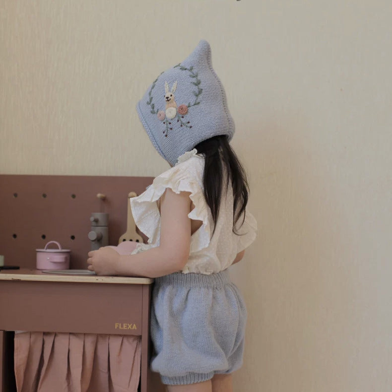 ピュアウール手刺繍ラビット ガールズカーディガン|Pure Wool Hand-Embroidered Rabbit Cardigan for Girls, Long Sleeve, Single-Breasted, Crew Neck