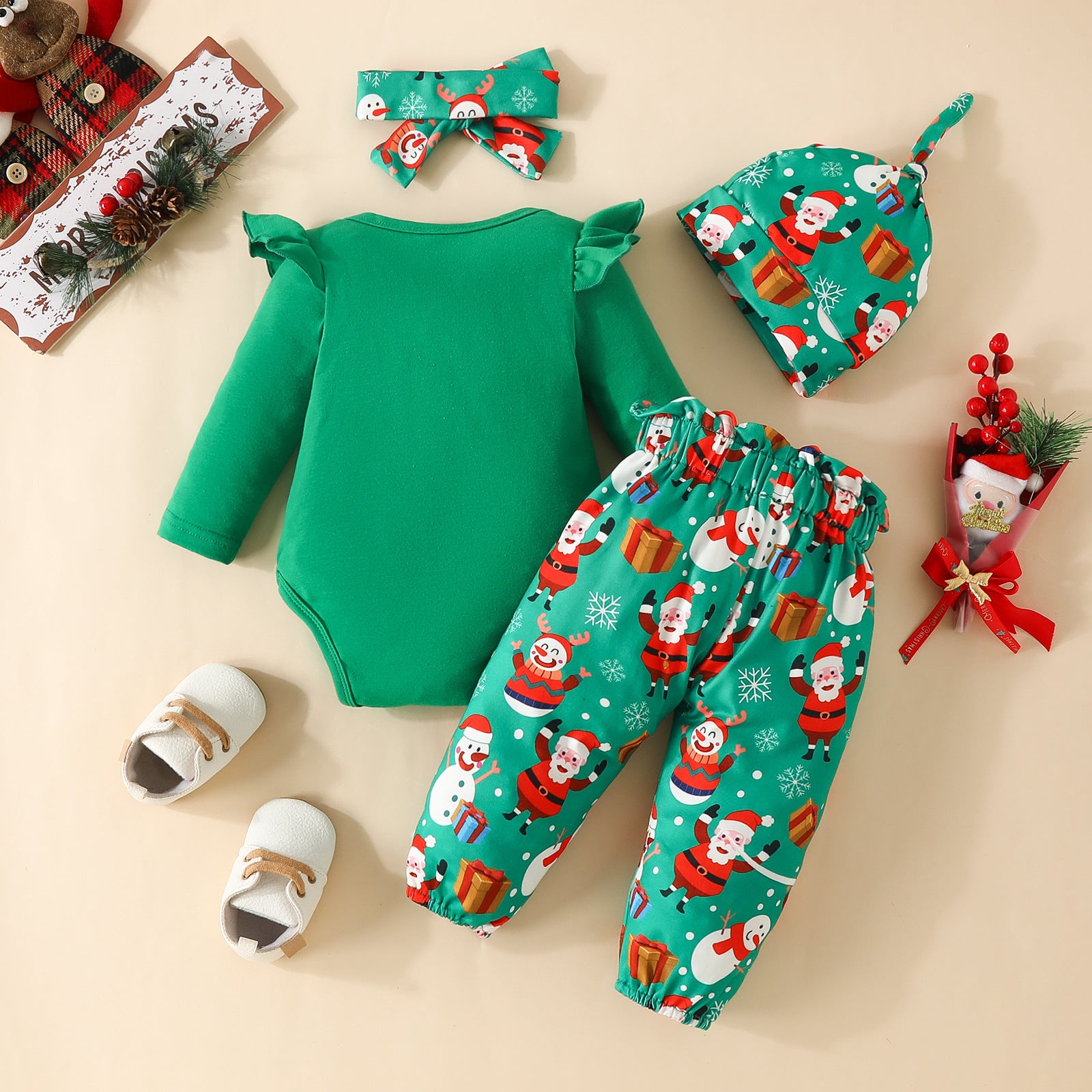 リボン付きクリスマスベビー服セット 平置きイメージ