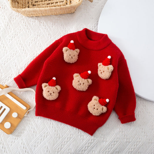 赤いクリスマスベアセーターを平置きにした正面写真
