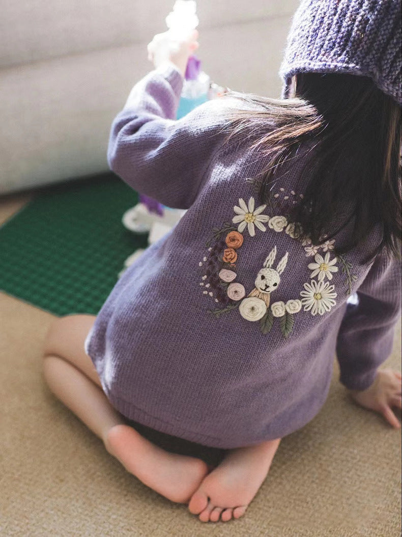 ピュアウール手刺繍ラビット ガールズカーディガン|Pure Wool Hand-Embroidered Rabbit Cardigan for Girls, Long Sleeve, Single-Breasted, Crew Neck