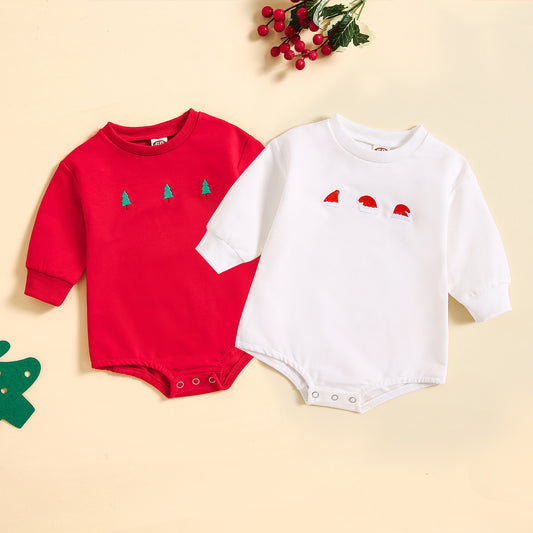 白いコットン製のクリスマスベビーロンパース 平置き写真