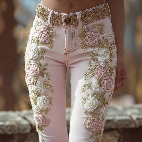 レトロピンクローズ 刺繍アートデニムパンツ エレガントスタイル レディース | Women's Retro Pink Rose Embroidered Artistic Jeans Elegant Style