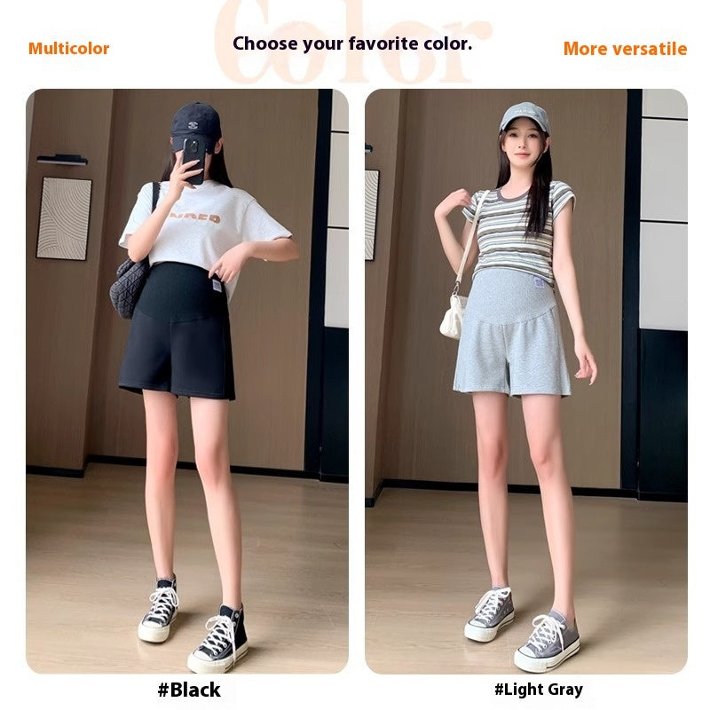 腹部を支える高ウエストデザインのマタニティショートパンツ、近接画像
