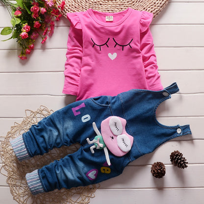韓国風 綿スウェット＆デニムビブ 2点セット 女の子 長袖 春秋カジュアル | Girls Korean Cotton Sweater Denim Bib Two-Piece Set Long Sleeve Spring Autumn Casual