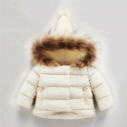 white padded baby winter jacket with fur hood

