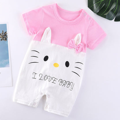 ピンクとホワイトのベビーロンパース ねこモチーフ I LOVE BABY プリント

