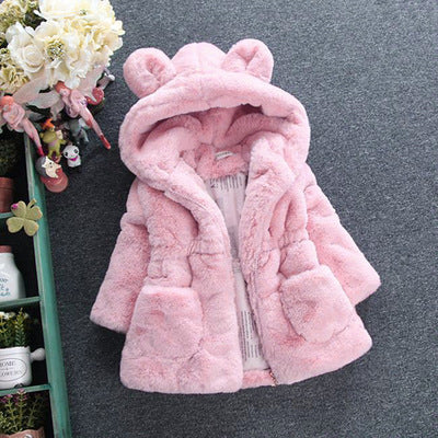 girls faux fur hooded winter jacket in floral pattern with hood

