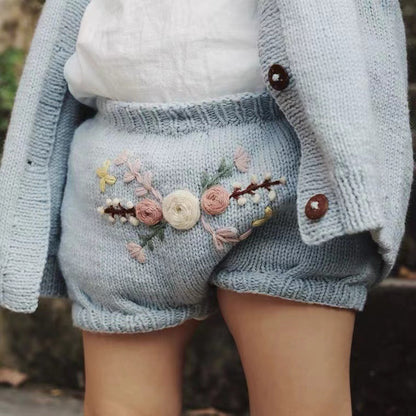 ピュアウール手刺繍ラビット ガールズカーディガン｜Pure Wool Hand-Embroidered Rabbit Cardigan for Girls, Long Sleeve, Single-Breasted, Crew Neck