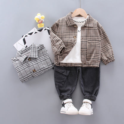 韓国風 チェック柄ジャケット＆パンツ 2点セット 男の子 長袖 春秋カジュアルスーツ | Baby Boy Long Sleeve Plaid Jacket and Pants Set