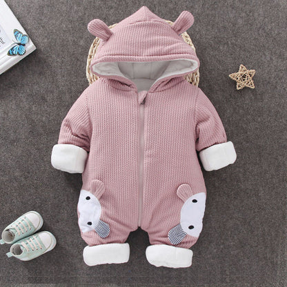ベビー冬用うさ耳ロンパース（厚手・長袖・フード付き） | Baby Winter Bunny-Ear Jumpsuit (Thick, Long Sleeve, Hooded)