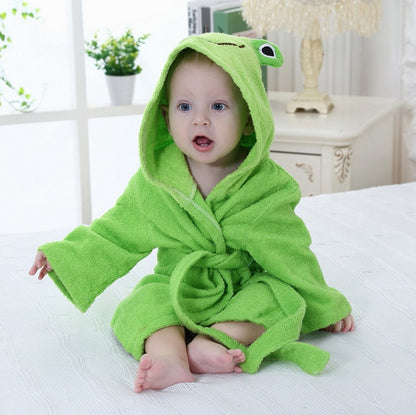 newborn wrapped in animal themed bathrobe enjoying cozy warmth
