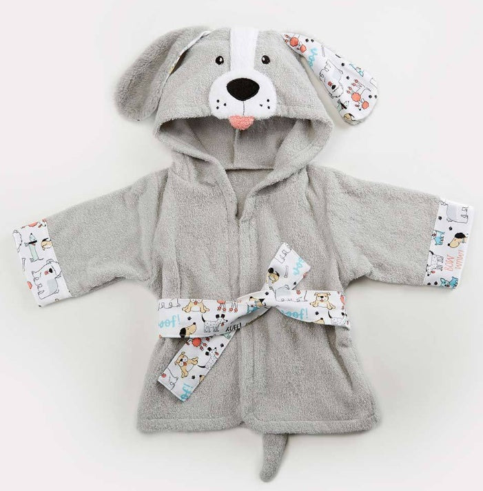 close-up of cartoon animal ears and face design on baby bathrobe hood
