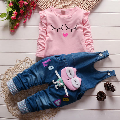 韓国風 綿スウェット＆デニムビブ 2点セット 女の子 長袖 春秋カジュアル | Girls Korean Cotton Sweater Denim Bib Two-Piece Set Long Sleeve Spring Autumn Casual