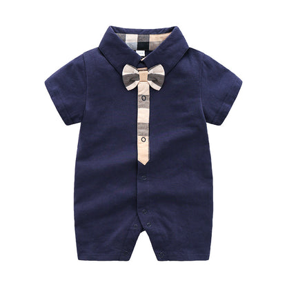 ベビー半袖ロンパース 綿素材 ジェントルマン風 サマークロッチ付き | Baby Gentleman Style Short Sleeve Cotton Romper Summer Closed Crotch