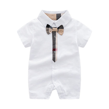 ベビー半袖ロンパース 綿素材 ジェントルマン風 サマークロッチ付き | Baby Gentleman Style Short Sleeve Cotton Romper Summer Closed Crotch