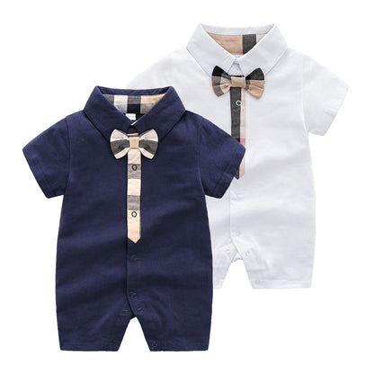 ベビー半袖ロンパース 綿素材 ジェントルマン風 サマークロッチ付き | Baby Gentleman Style Short Sleeve Cotton Romper Summer Closed Crotch