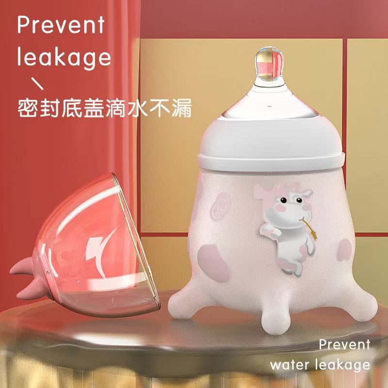 【耐衝撃・高温対応】新生児用シリコンカバー付きガラス哺乳瓶｜[With silicone anti-fall cover] Newborn baby feeding bottle glass explosion-proof, anti-fall, anti-flatulence, high temperature resistant