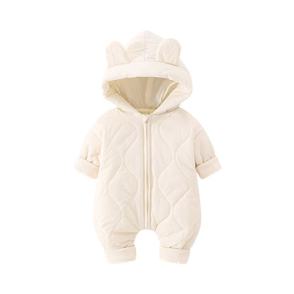 ベビー中綿ロンパース フード付き冬用カバーオール | Quilted Baby Winter Romper with Hood