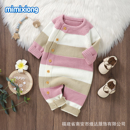 秋冬ベビーニットジャンプスーツ（ボーダー・前ボタン）｜Autumn & Winter Knitted Baby Jumpsuit (Striped, Single-Breasted)