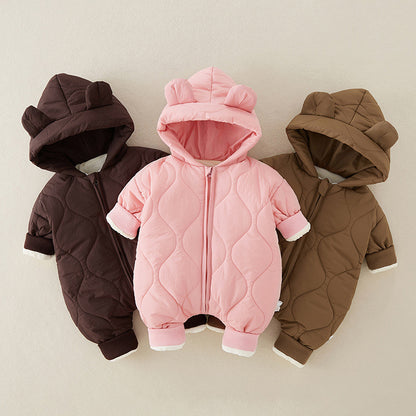 ベビー中綿ロンパース フード付き冬用カバーオール | Quilted Baby Winter Romper with Hood