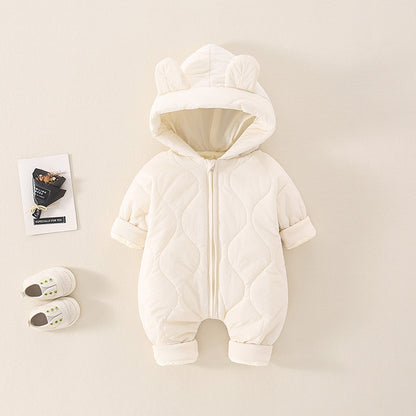 ベビー中綿ロンパース フード付き冬用カバーオール | Quilted Baby Winter Romper with Hood
