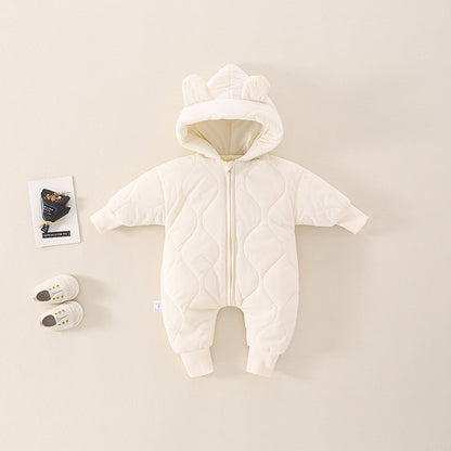 厚手キルティング ベビーロンパース（フード付き）｜Quilted Thick Baby Romper with Hood