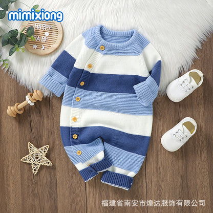 秋冬ベビーニットジャンプスーツ（ボーダー・前ボタン）｜Autumn & Winter Knitted Baby Jumpsuit (Striped, Single-Breasted)