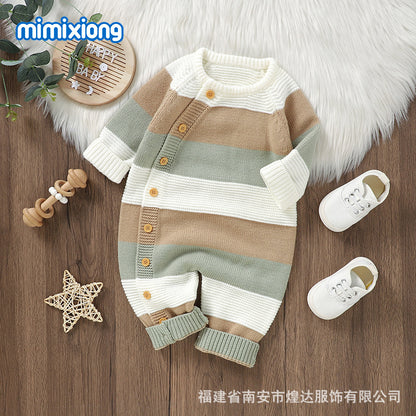 秋冬ベビーニットジャンプスーツ（ボーダー・前ボタン）｜Autumn & Winter Knitted Baby Jumpsuit (Striped, Single-Breasted)