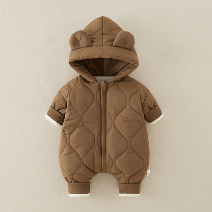 ベビー中綿ロンパース フード付き冬用カバーオール | Quilted Baby Winter Romper with Hood