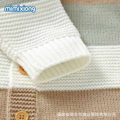 秋冬ベビーニットジャンプスーツ（ボーダー・前ボタン）｜Autumn & Winter Knitted Baby Jumpsuit (Striped, Single-Breasted)