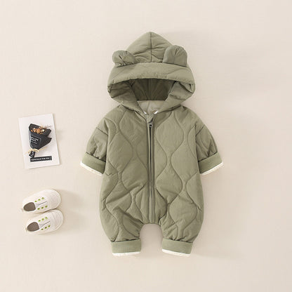 ベビー中綿ロンパース フード付き冬用カバーオール | Quilted Baby Winter Romper with Hood